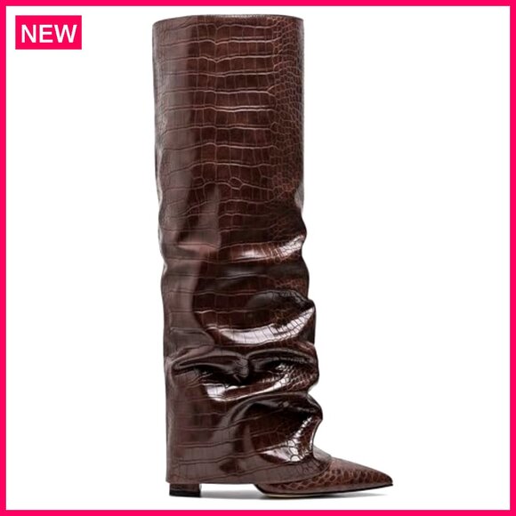 Knee High Boots Wide Calf Chunky Heel Pointed Toe Fold Over Winter - Picture 4 of 7